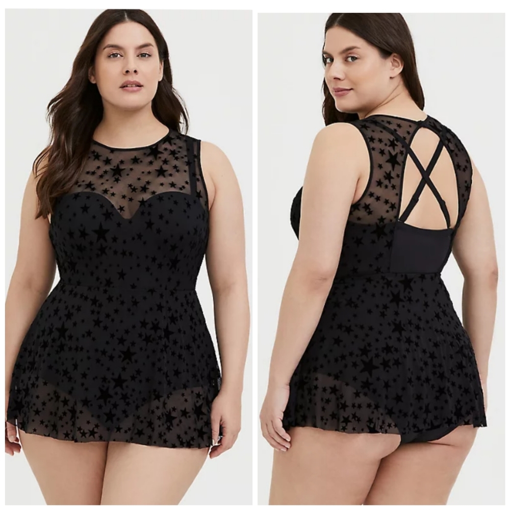 Torrid Mesh Star Push Up Underwire One Piece Skater Swim Dress